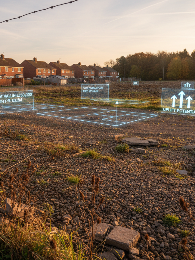 A carefully composed photographic scene of a fenced, unused brownfield plot at the edge of a small UK town, its rough gravel and sparse weeds contrasted with distant neat rows of houses and a small patch of woodland. Transparent digital valuation markers and projected figures hover subtly above the land surface, indicating uplift potential with planning permission. Golden hour sunlight bathes the site in warm, directional light, creating long shadows from the fencing and highlighting the site’s textures and boundaries. Shot from a low-angle perspective just inside the fence line, using a wide lens and moderate depth of field, the image feels quietly optimistic and opportunity-focused, suitable for illustrating hidden value in underused land.