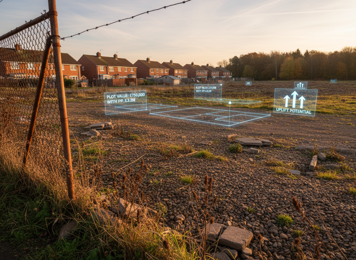 A carefully composed photographic scene of a fenced, unused brownfield plot at the edge of a small UK town, its rough gravel and sparse weeds contrasted with distant neat rows of houses and a small patch of woodland. Transparent digital valuation markers and projected figures hover subtly above the land surface, indicating uplift potential with planning permission. Golden hour sunlight bathes the site in warm, directional light, creating long shadows from the fencing and highlighting the site’s textures and boundaries. Shot from a low-angle perspective just inside the fence line, using a wide lens and moderate depth of field, the image feels quietly optimistic and opportunity-focused, suitable for illustrating hidden value in underused land.