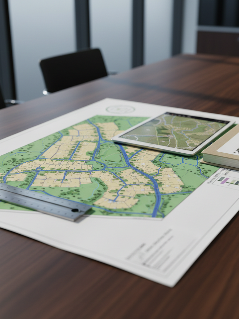 A detailed close-up photographic scene of a sturdy hardwood table in a modern office, covered with a large, colour-printed site plan showing proposed plots, access roads, and green spaces for a UK land development. Beside the plan lie a steel surveyor’s ruler, a tablet displaying a digital map, and a neatly stacked folder labelled “Land Valuation Report”. Cool, diffused daylight from a nearby window creates even, professional lighting with soft reflections on the tablet screen and subtle shadows along the paper edges. Shot from a slightly elevated angle with shallow depth of field, the focus is on the central plan, conveying precision, clarity, and expert analysis in a calm, ordered environment.