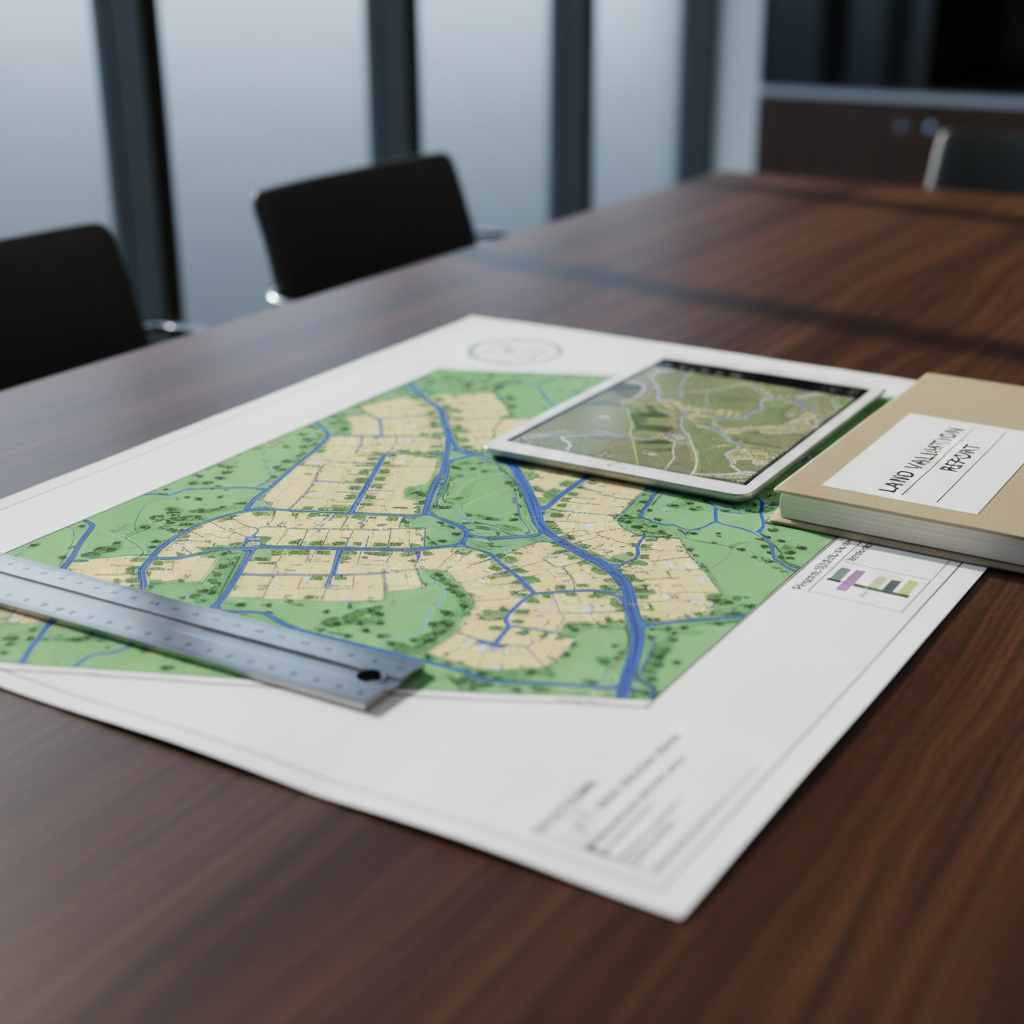 A detailed close-up photographic scene of a sturdy hardwood table in a modern office, covered with a large, colour-printed site plan showing proposed plots, access roads, and green spaces for a UK land development. Beside the plan lie a steel surveyor’s ruler, a tablet displaying a digital map, and a neatly stacked folder labelled “Land Valuation Report”. Cool, diffused daylight from a nearby window creates even, professional lighting with soft reflections on the tablet screen and subtle shadows along the paper edges. Shot from a slightly elevated angle with shallow depth of field, the focus is on the central plan, conveying precision, clarity, and expert analysis in a calm, ordered environment.