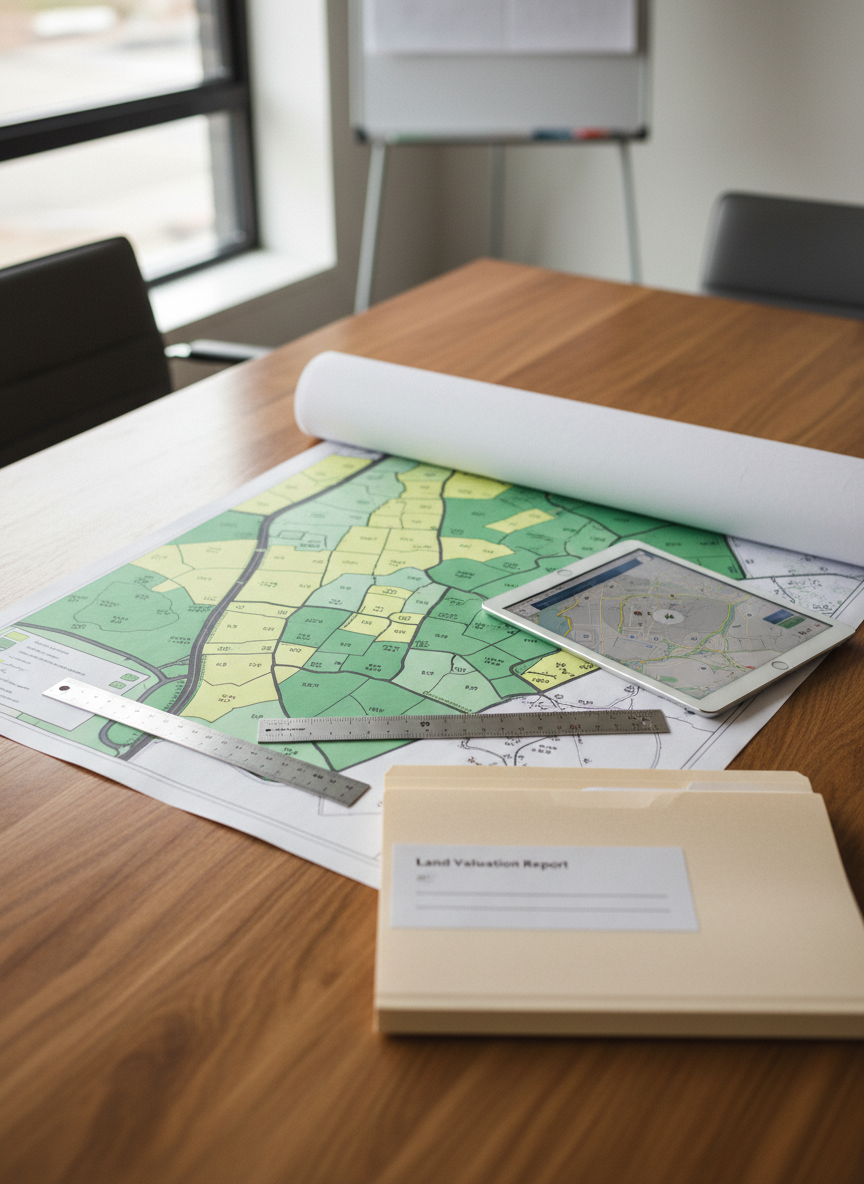 A detailed close-up photographic scene of a sturdy hardwood table in a modern office, covered with a large, colour-printed site plan showing proposed plots, access roads, and green spaces for a UK land development. Beside the plan lie a steel surveyor’s ruler, a tablet displaying a digital map, and a neatly stacked folder labelled “Land Valuation Report”. Cool, diffused daylight from a nearby window creates even, professional lighting with soft reflections on the tablet screen and subtle shadows along the paper edges. Shot from a slightly elevated angle with shallow depth of field, the focus is on the central plan, conveying precision, clarity, and expert analysis in a calm, ordered environment.