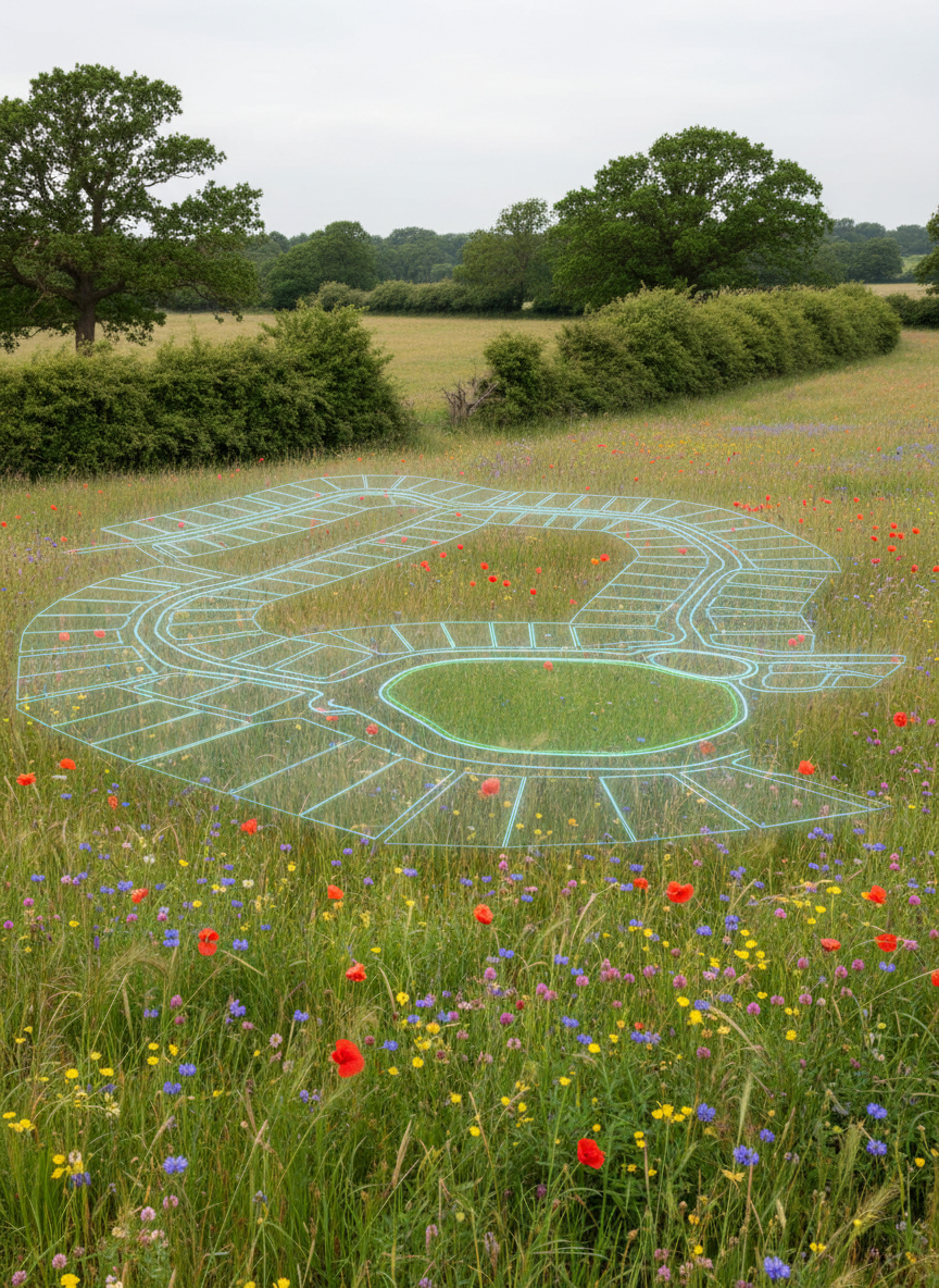 A photographic scene of a gently sloping UK field with mixed grass and wildflowers, bordered by mature hedgerows, overlaid with semi-transparent digital graphics that outline potential housing plots, access roads, and a central green. The natural landscape sits under soft overcast sky, giving diffused, neutral light that enhances every texture of soil, grass, and hedges. The digital overlay glows subtly in muted blues and greens, suggesting planning permission and future development potential. Captured from an eye-level perspective looking across the field, with sharp focus throughout, the composition uses the rule of thirds to balance the existing land and its envisioned future, creating a professional, optimistic, forward-looking mood in realistic photographic style.