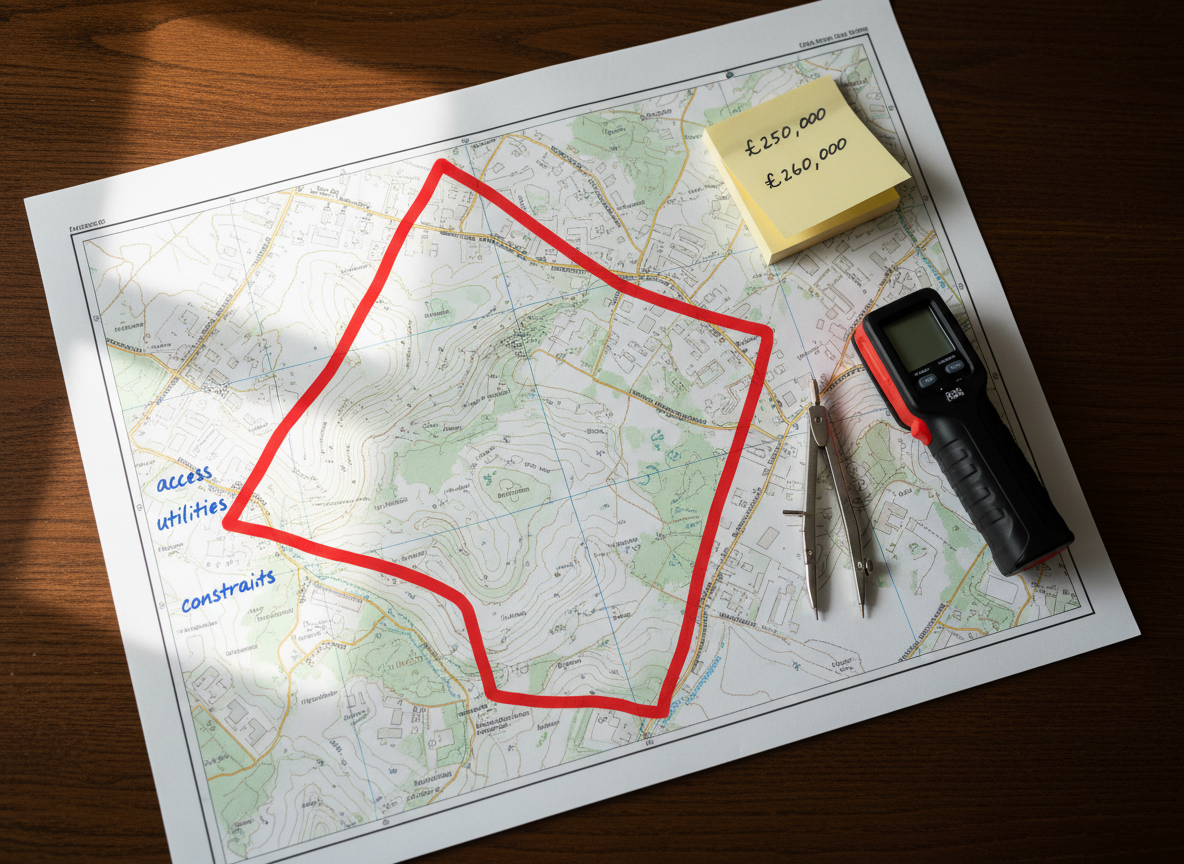 A precise photographic close-up of a printed UK Ordnance Survey map spread flat on a dark oak desk, with a specific land parcel outlined in bold red highlighter and annotated with small margin notes such as “access”, “utilities”, and “constraints”. A metal compass, a laser distance measurer, and a small stack of sticky notes with neatly written valuation figures sit nearby. Natural daylight from the left creates gentle side lighting, emphasizing the crisp paper texture and engraved tools while casting modest, purposeful shadows. Shot from directly above in a clean, documentary style with sharp detail, the composition feels analytical and methodical, perfectly expressing the rigour behind professional land valuation and appraisal.