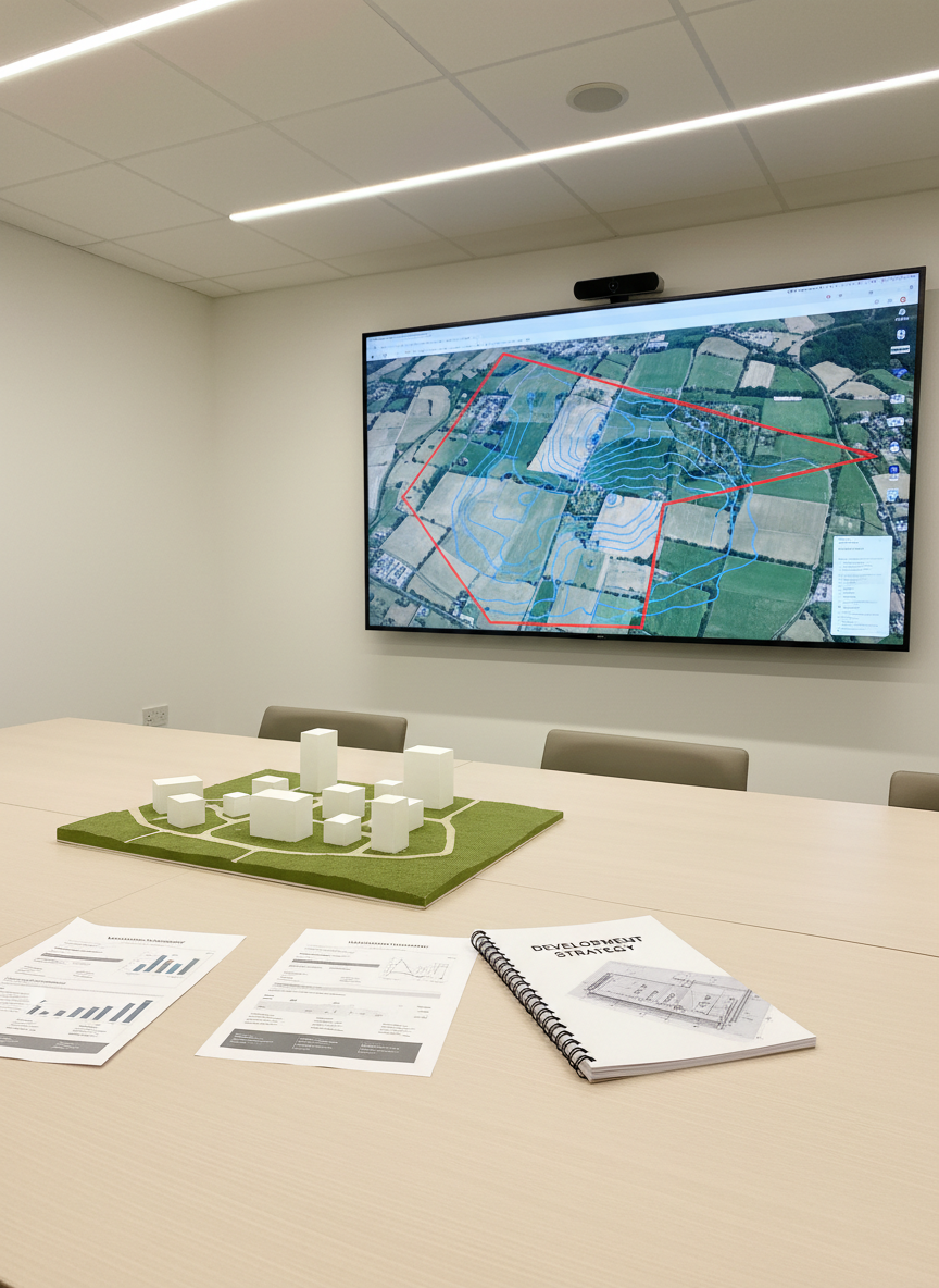 A modern photographic interior of a minimalist meeting room prepared for a land appraisal consultation, featuring a large wall-mounted screen displaying a high-resolution satellite view of a rural UK site with clear parcel boundaries and contour lines. On the sleek, light-wood conference table below lie printed valuation summaries, a bound development strategy document, and a small architectural model of simple white block buildings arranged on a textured green baseboard representing the land. Soft, even LED ceiling lighting creates a neutral, businesslike atmosphere with minimal shadows. Captured from a slightly elevated corner angle, the composition shows the table in the foreground and screen in the background, embodying clarity, professionalism, and strategic planning in a clean, photographic realism style.
