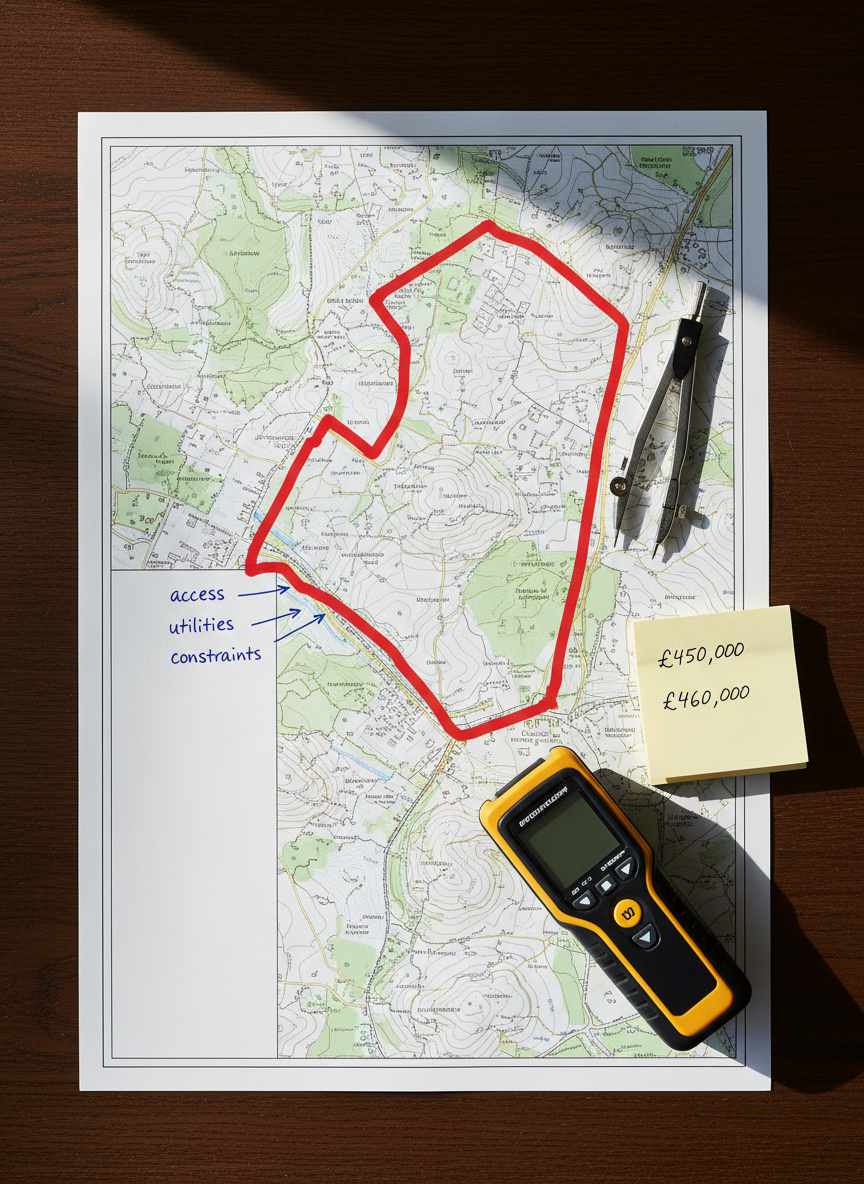 A precise photographic close-up of a printed UK Ordnance Survey map spread flat on a dark oak desk, with a specific land parcel outlined in bold red highlighter and annotated with small margin notes such as “access”, “utilities”, and “constraints”. A metal compass, a laser distance measurer, and a small stack of sticky notes with neatly written valuation figures sit nearby. Natural daylight from the left creates gentle side lighting, emphasizing the crisp paper texture and engraved tools while casting modest, purposeful shadows. Shot from directly above in a clean, documentary style with sharp detail, the composition feels analytical and methodical, perfectly expressing the rigour behind professional land valuation and appraisal.