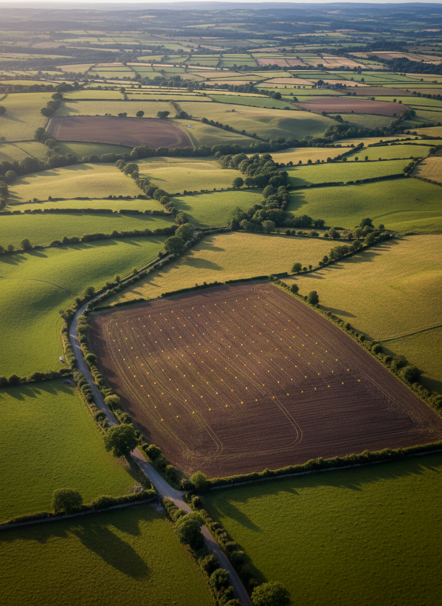 An expansive aerial photographic view of rolling UK countryside divided into distinct land parcels, each boundary clearly visible as hedgerows and stone walls. A mixture of green pasture, freshly ploughed brown fields, and a small section marked with bright survey flags surrounds a quiet rural lane. Soft late afternoon sunlight casts long, gentle shadows across the textured terrain, highlighting subtle gradients and contours that suggest development potential. The composition uses a wide-angle, bird’s eye perspective with crisp focus throughout, creating a calm, authoritative atmosphere. The style is clean, modern photographic realism, suggesting professional land valuation and strategic planning without clutter or distraction, ideal for a business website hero image.